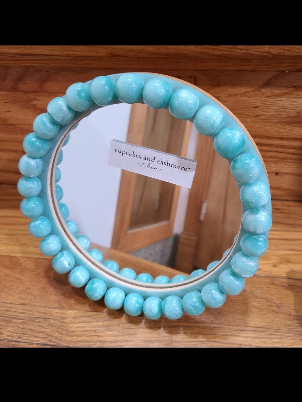 Round Turquoise blue aqua beaded tabletop desktop vanity standing mirror - Picture 2 of 5
